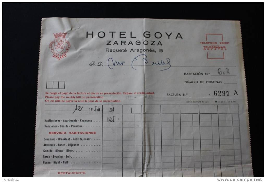 Note Provisional  Facture Hôtel Goya Zaragoza  Espagne Espagne España 1954 Vignette Fiscale - España