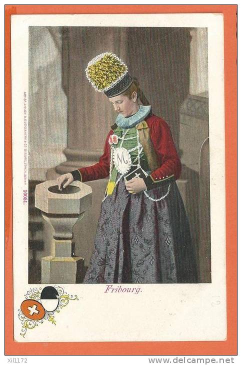 Q1096 Fribourg, Femme En Costume à La Sortie De L'Eglice Devant Le Bénitier.Précurseur. Non Circulé.  No 10051 - Fribourg