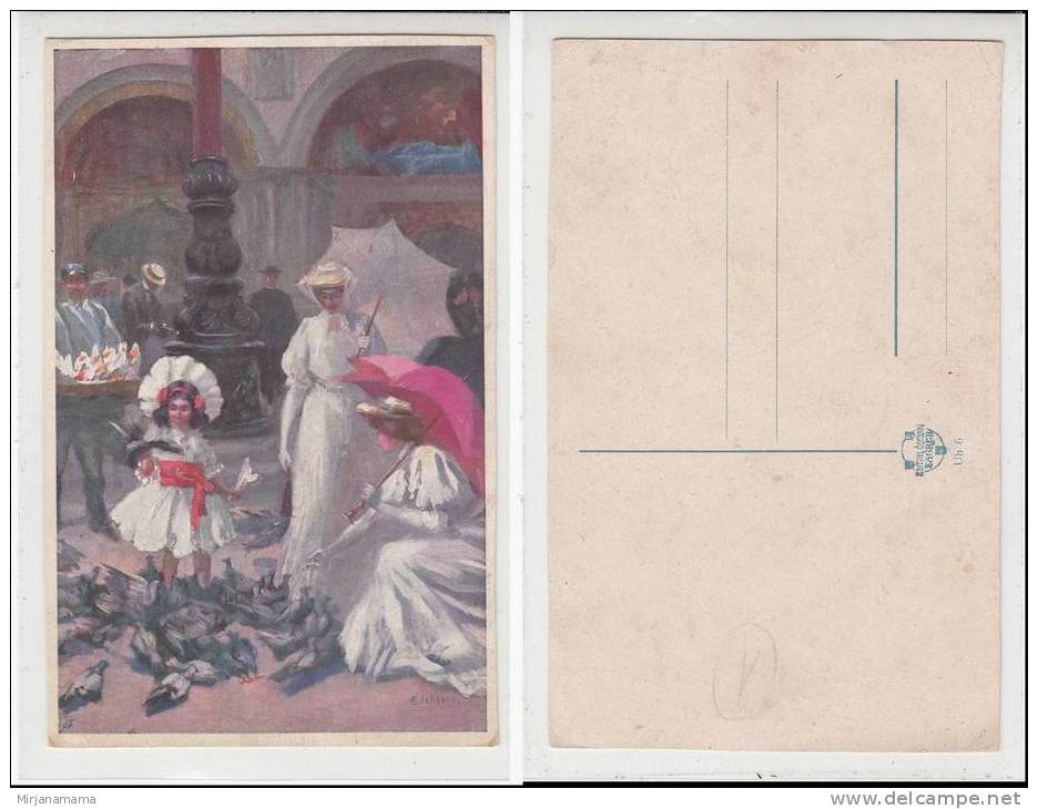 Art Painted Signed Little Girl Woman Lady Umbrella Pigeon Old Vintage PC Unu / 13611 - Paintings