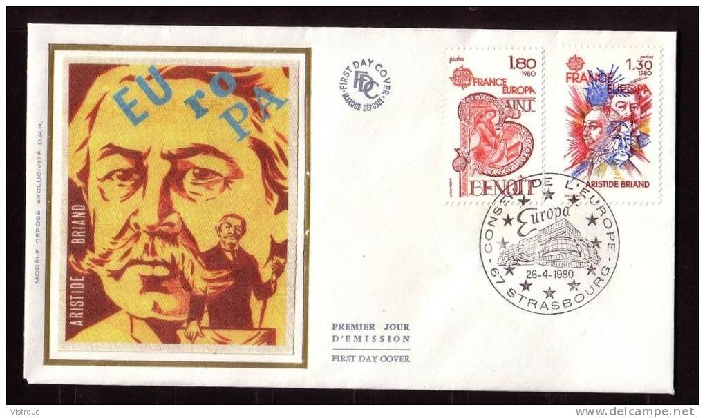 Y/T N° 2085/86 Sur  FDC Sur SOIE - Oblit 1 Ier J.: STRASBOURG - 26/4/80 - EUROPA 80 - A. BRIAND Et St-BENOÎT. - 1980-1989