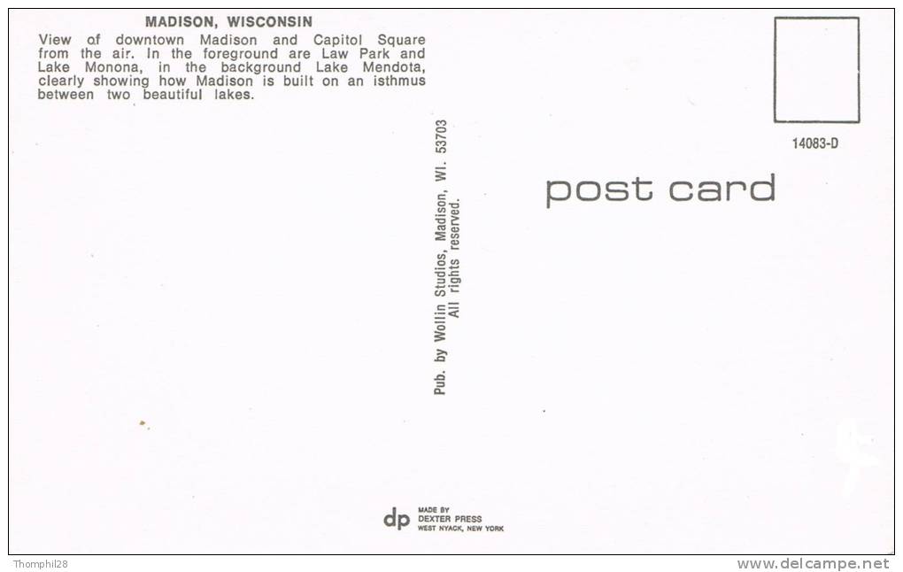 MADISON - WISCONSIN - Aerial View Of Downtown Madison And Capitol Square - Lake Monona - TBE, Neuve, 2 Scans - Madison