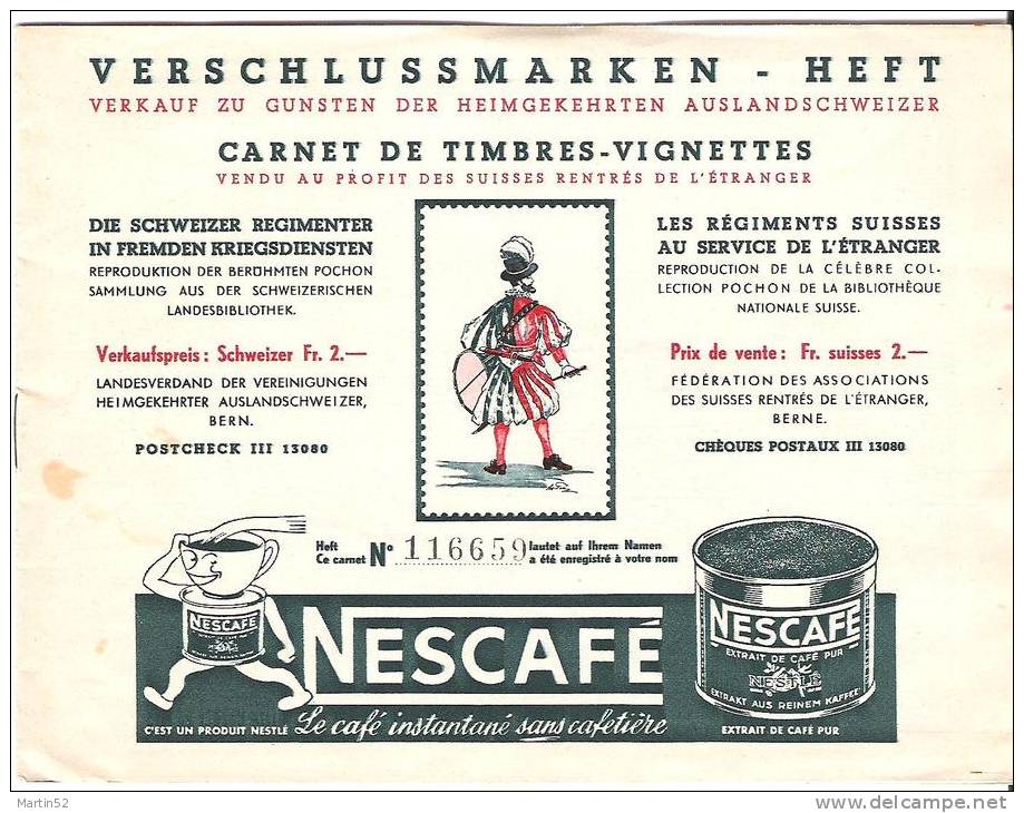 Verschlussmarken-Heft  Schweizer Regimenter (Collection Pochon) NESTLÉ-CAILLER - Fantasy Labels