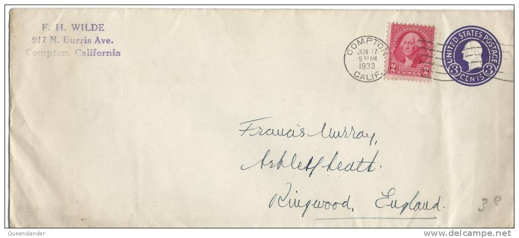 3 Cent Blue Washington Head  & 2 Cent Stamp Neat Compton Calif Jun 17 1933 Postmark To Ringwood England - 1921-40