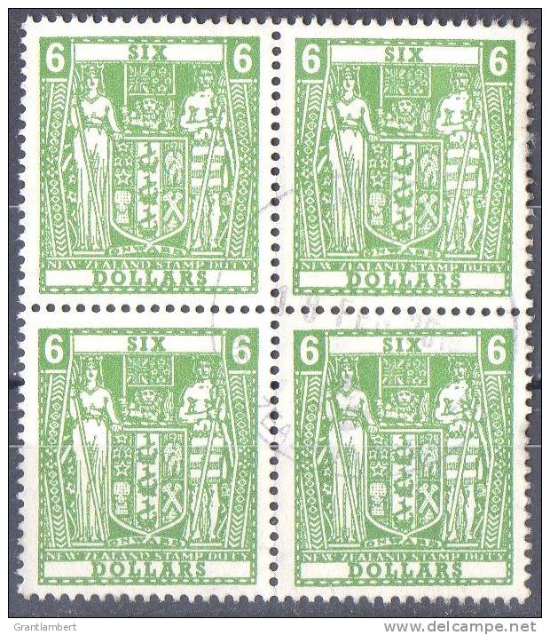 New Zealand 1967 $6 Green Stamp Duty Used SG F220a Block Of 4 - Gebruikt