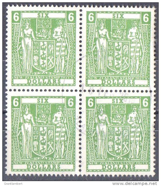 New Zealand 1967 $6 Green Stamp Duty Used SG F220a Block Of 4 - Used Stamps