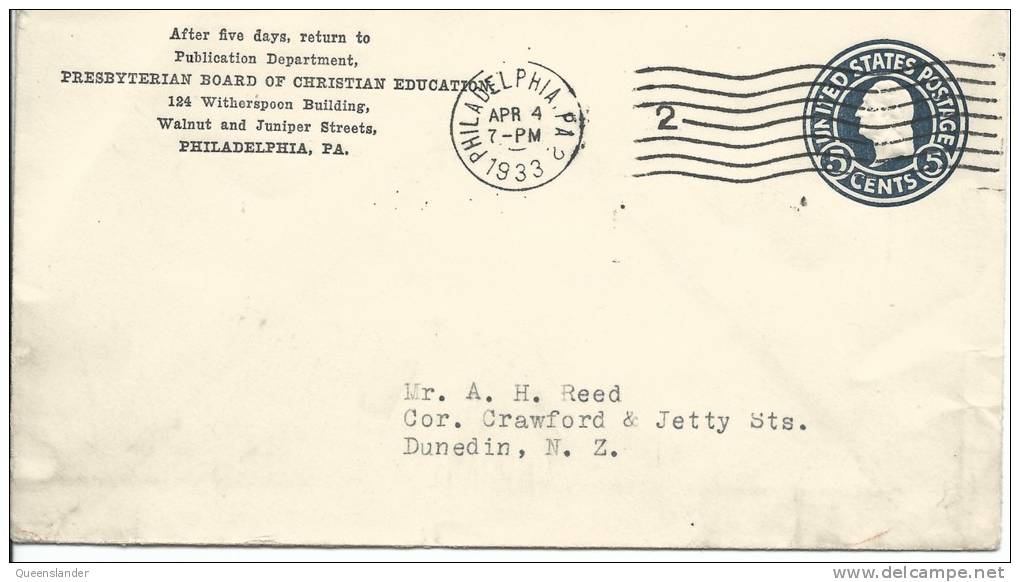 5 Cent Blue Washington Head Neat Philadelphia PA April 4 1933 Postmark To Dunedin New Zealand - 1921-40