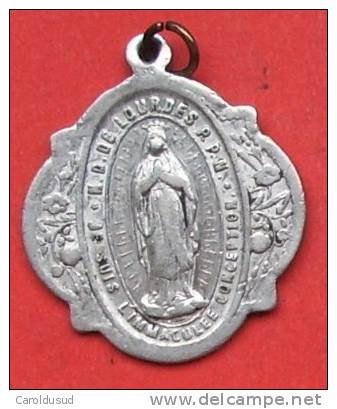 Grande Medaille Religieuse Pieuse Alu Double Face Notre Dame Du Rosaire Et Sanctuaire Anagramme Diam 36 Mm Rare - Religione & Esoterismo