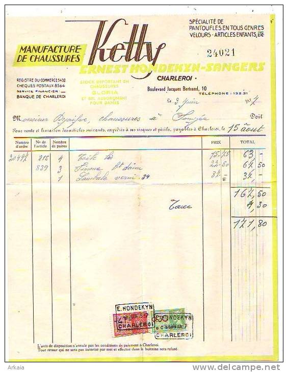 Charleroi - 1937 - Manufacture De Chaussures Ketty - Ernest Hondekyn-Sangers - Kleidung & Textil