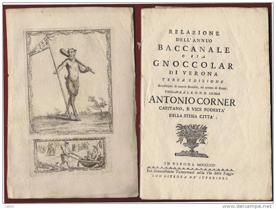 1764 VERONA :" BACCANALE O GNOCCOLAR" LIBRO COMPLETO DELLE  STAMPE D'EPOCA.. - Libri Antichi