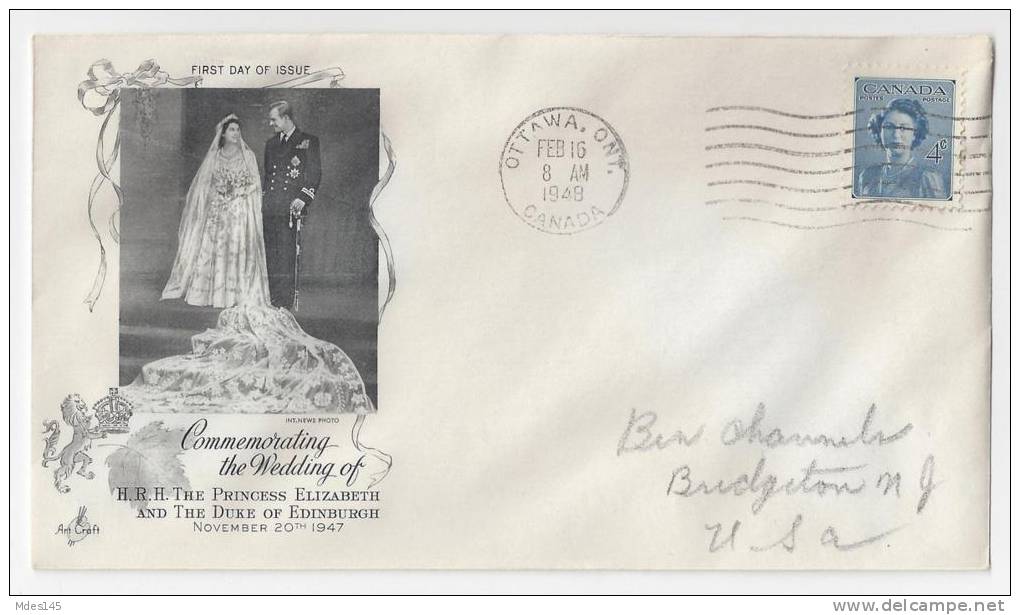 Canada 1948 FDC Commemorating Royal Wedding Scott 276 Elizabeth Artcraft - ....-1951