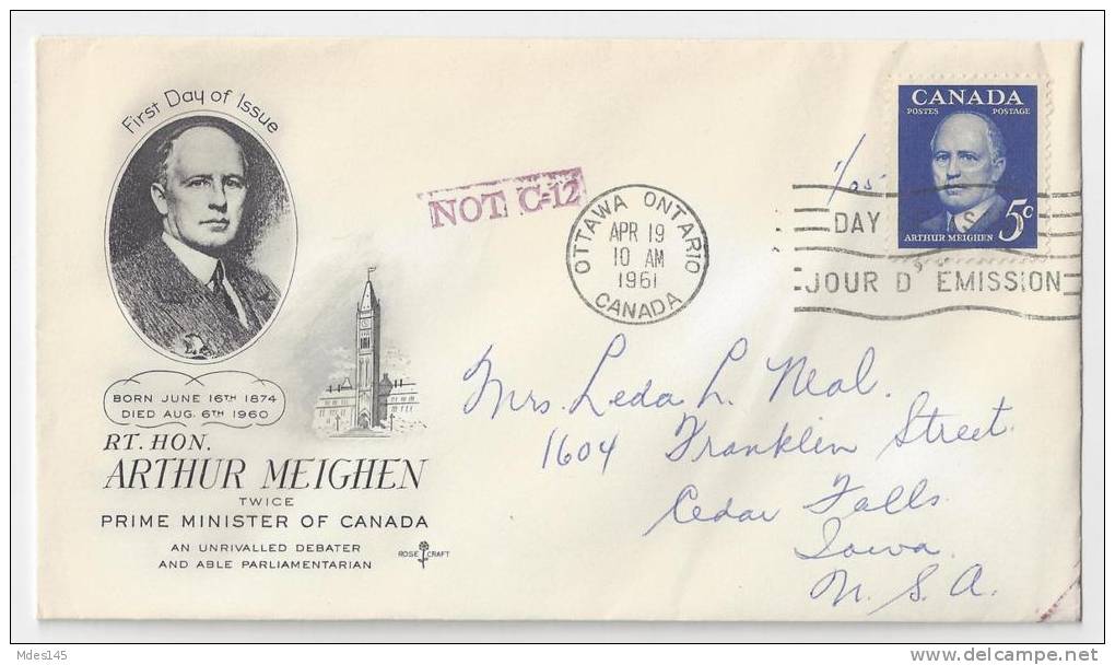 Canada 1961 FDC Commemorating Arthur Meighen Scott 393 Artcraft - 1961-1970