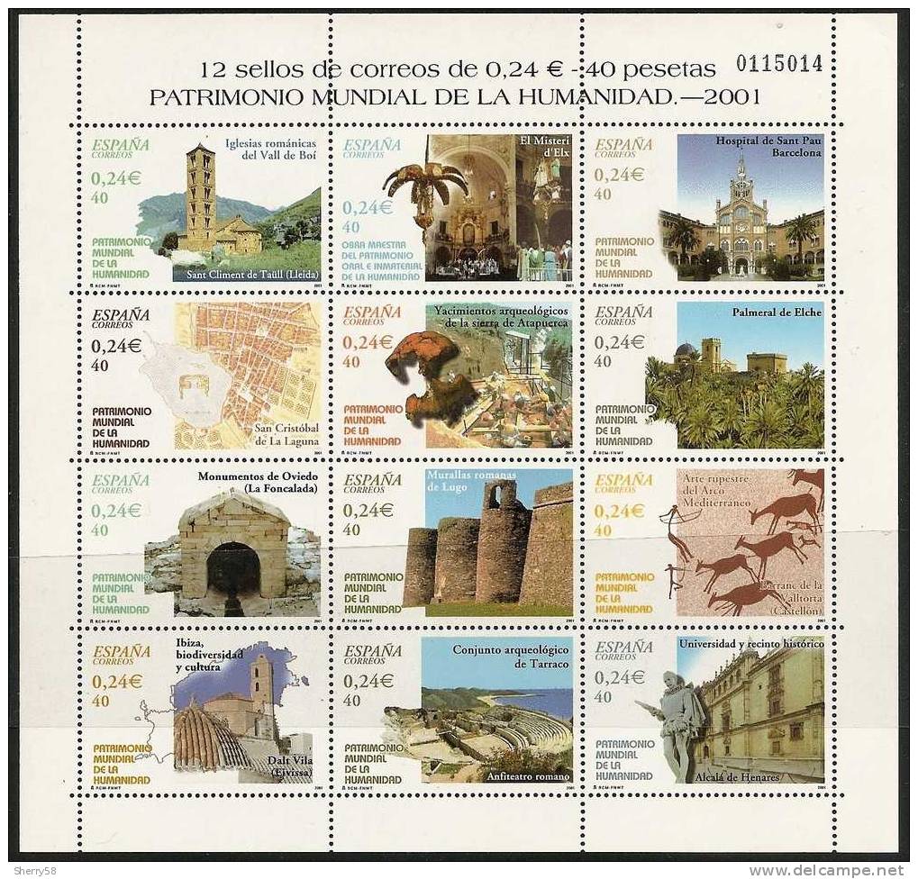 2001-ED. 3843 A 3854 H.B.-MINIPLIEGO 77-PATRIMONIO MUNDIAL DE LA HUMANIDAD-NUEVO - Blocs & Feuillets