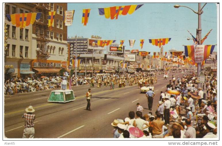 Long Beach CA California International Beauty Parade Street Scene, Rexall Drug Store, Beer Sign, C1960s Vintage Postcard - Long Beach