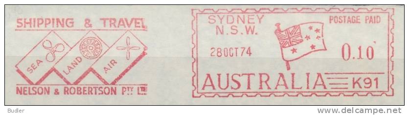 AUSTRALIA :1974:  Red Postal Metermark On Fragment : TRANSPORT,SHIPPING,TRAVEL,SEA,LAND,AIR,FLAG, - Autres & Non Classés