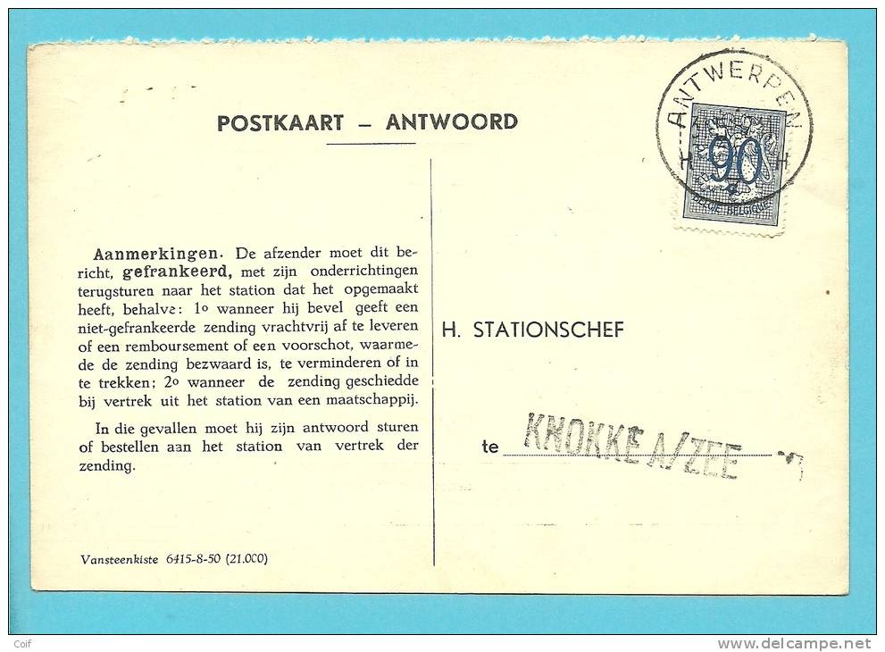 858 Op Postkaart Met Stempel ANTWERPEN , Naar Stationchef KNOKKE A/ZEE (naamstempel) - 1951-1975 Heraldic Lion