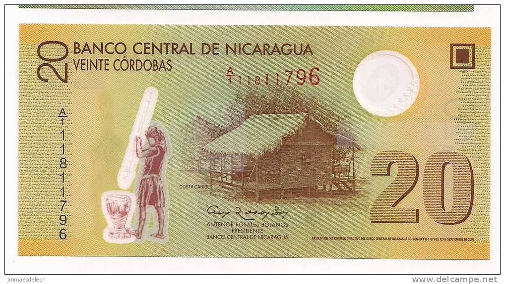 Nicaragua 2010 Polymer Banknote 20 Cordobas - Local Hut - Atlantic Coast Dance - Round Transparent Window - Nicaragua