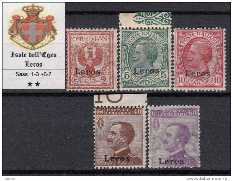 Egeo - Leros - N.1-3 +6-7 Cat. 85 Euro - Gomma Integra - MNH** - Ägäis (Lero)