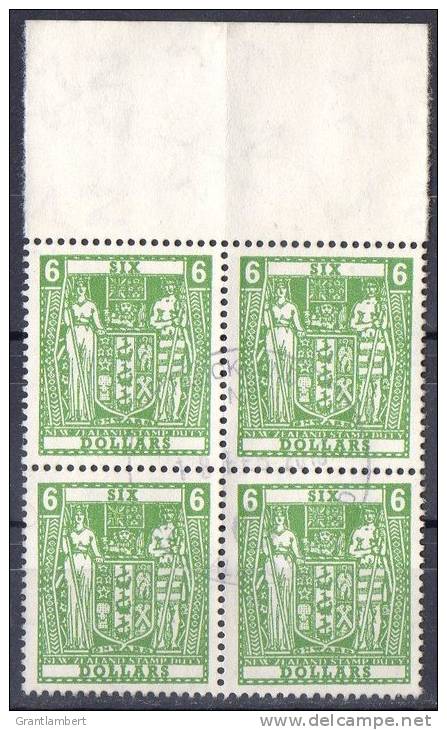 New Zealand 1967 $6 Green Stamp Duty Used SG F220a Block Of 4 - - Used Stamps