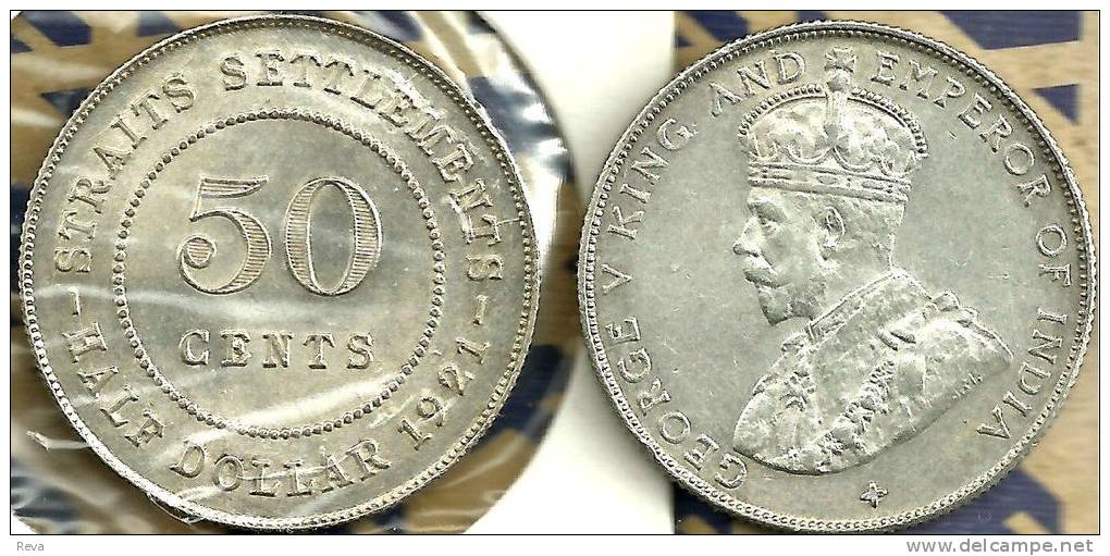 STRAITS SETTLEMENTS 50 CENTS NAME FRONT KGV HEAD BACK 1921 AG SILVER EF KM31? READ DESCRIPTION CAREFULLY !!! - Sonstige – Asien