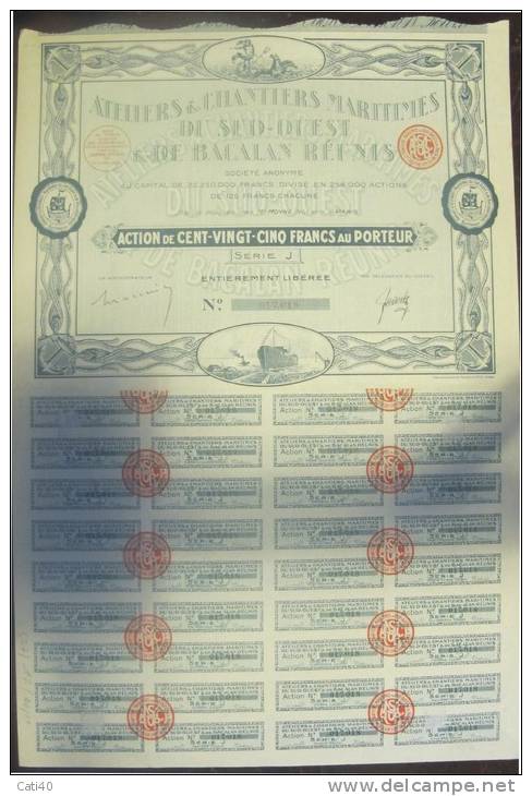1932 - AZIONE  CANTIERI MARITTIMI - ATELIERS CHANTIERS MARITIMES - BORDEAUX - 125 AZIONI AL PORTATORE - CON CEDOLE - Navigation