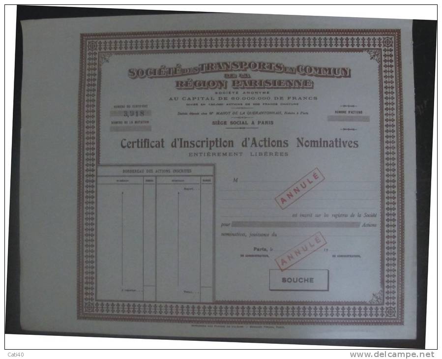 1900 - FRANCIA AZIONE SOCIETE' DES TRANSPORTS EN COMMUN REGION PARISIENNE - PARIGI  - ANNULLE' - Acqua
