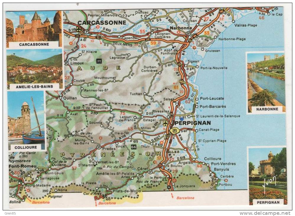 CP LE LANGUEDOC ROUSSILLON D'APRES LA CARTE DU PNEU MICHELIN N° 999, CARCASSONNE, AMELIE LES BAINS, COLLIOURE, NARBONNE - Languedoc-Roussillon