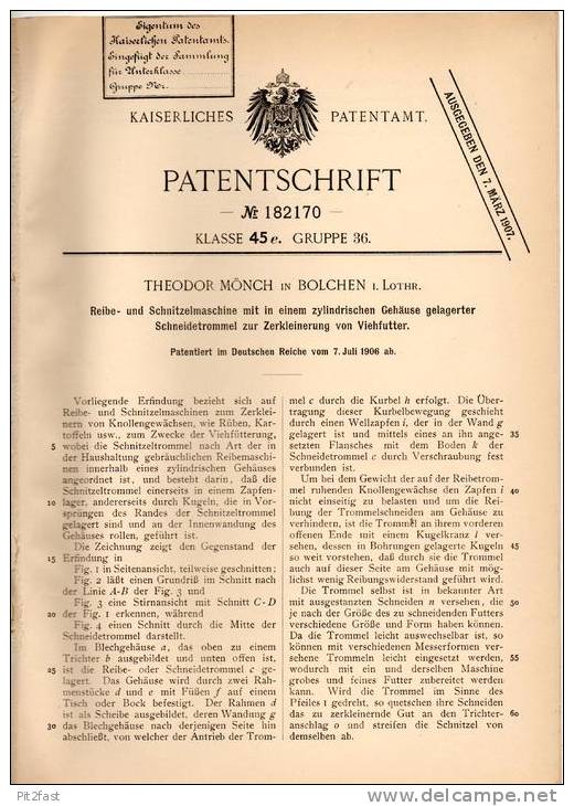 Original Patentschrift - T. Mönch In Bolchen / Boulay I. Lothr. , 1906 , Reibe- Und Schnitzelmaschine Für Viehfutter - Historische Dokumente