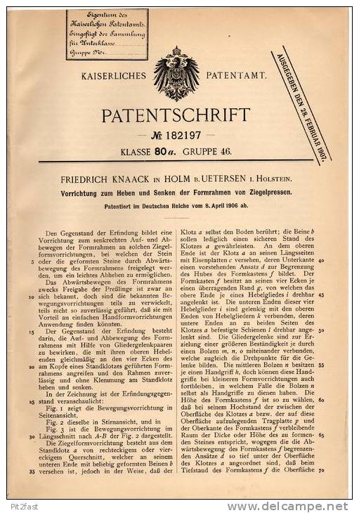 Original Patentschrift - F. Knaack In Holm B. Uetersen I. Holstein , 1906 , Apparat Für Ziegelpresse , Ziegelei !!! - Historische Dokumente