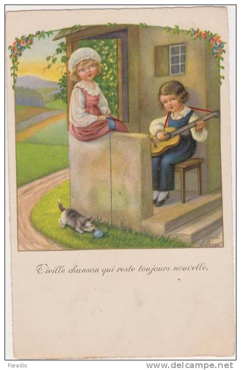 CPA  Pauli Ebner " Vieille Chanson Qui Reste Toujours Nouvelle! " Enfants Sérénade,chat Pelote Laine,guitare,banc, - Ebner, Pauli