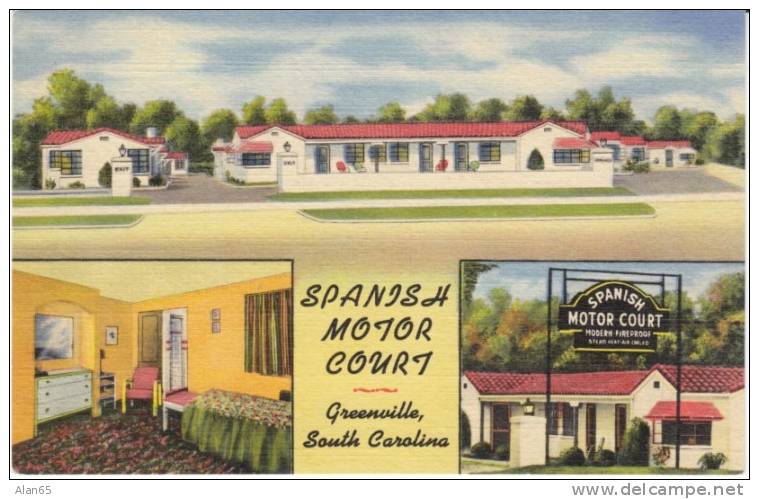 Greenville SC South Carolina, Spanish Motor Court Motel Lodging, Interior View, C1940s Vintage Curteich Linen Postcard - Greenville