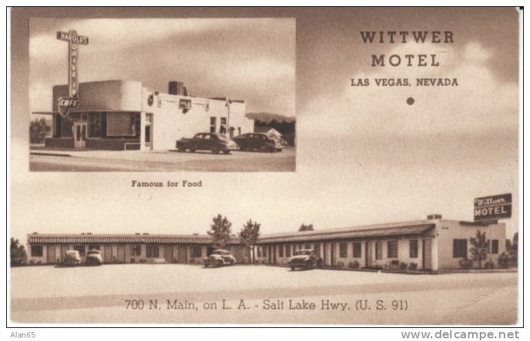 Las Vegas NV Nevada, Wittwer Motel, Lodging, Harold's Drive-in Cafe Sign, C1950s Vintage Postcard - Las Vegas