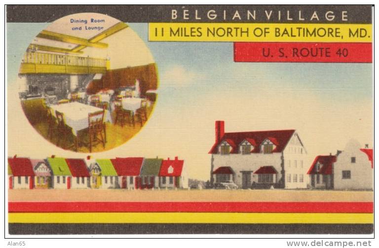 Baltimore MD Maryland, Belgian Village Motel Lodging, Roadside Attraction, C1940s Vintage Linen Postcard - Baltimore