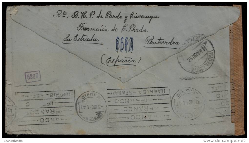 SUPERBE CENSURA " VIGO " PONTEVEDRA (24 Nov) > MADRID (3dec.) > OSTENDE  - Geoffnet - 26 Nov. 1941 !! - Lettres & Documents