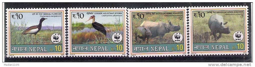 NEPAL 2000  WWF. Fauna, 4 Stamps, Complete , MNH(**). - Rhinoceros