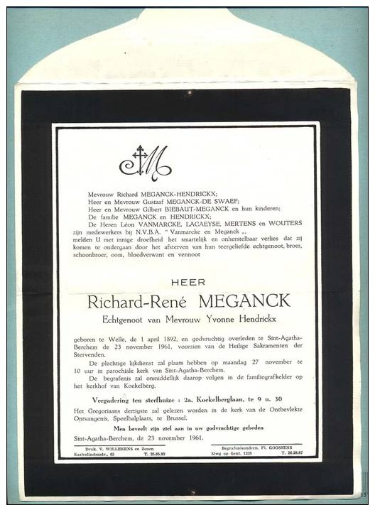 Sint-Agatha-Berchem / Welle / Doodsbrief: De Heer Richard-René MEGANCK (1892-1961) - Religion & Esotericism