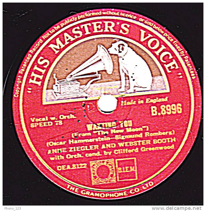 78 Tours - "HIS MASTER VOICE"  B.8996 - ANNE ZIEGLER AND WESSTER BOOTH - I'LL SEE YOU AGAIN - 78 Rpm - Schellackplatten