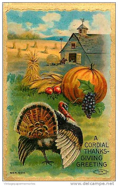 147303-Thanksgiving, Taggart 1909 No 608-1, Male Turkey On A Farm, Pumpkin, Grapes, Haystacks - Giorno Del Ringraziamento