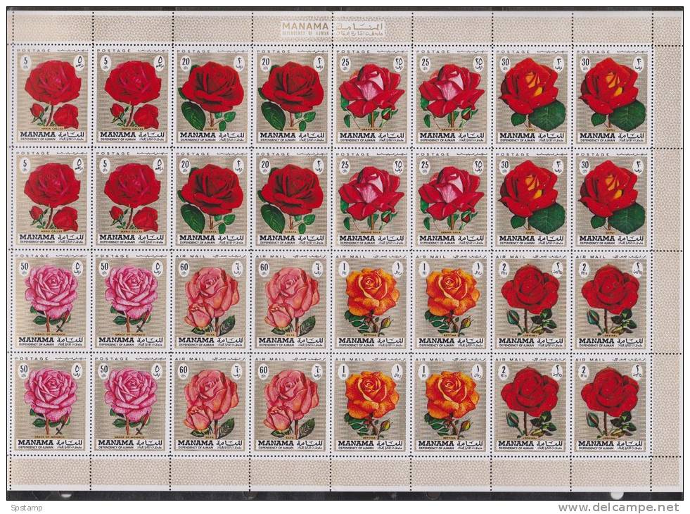 Manama 1970 Flower Rose Set 8 MNH Blocks Of 4 In Sheet Format - Manama