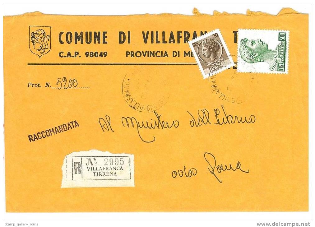 VILLAFRANCA TIRRENA  98049  PROV. MESSINA  - ANNO 1980  - R  - STORIA POSTALE DEI COMUNI D´ITALIA - POSTAL HISTORY - Macchine Per Obliterare (EMA)