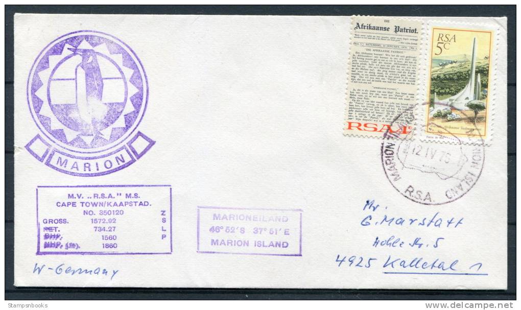 1976 South Africa Penguin Marion Island Ship Cover - Covers & Documents