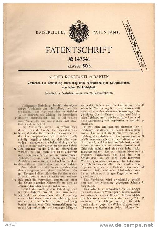 Original Patentschrift - A. Konstanti In Barten , 1902 , Nährstoffreiches Getreidemehl Zum Backen , Bäckerei !!! - Historische Dokumente