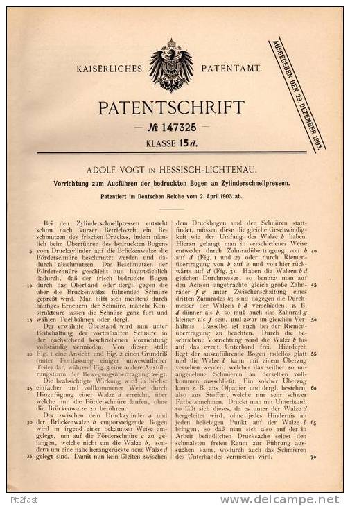 Original Patentschrift - Adolf Vogt In Hessisch Lichtenau , 1903 , Bedruckte Bogen An Zylinderschnellpressen , Presse !! - Sonstige & Ohne Zuordnung