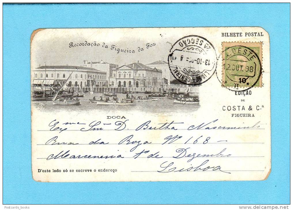 FIGUEIRA DA FOZ / PORTUGAL. POSTAL TIPO GRUSS / RECORDAÇÃO.Doca Animado. Circulado 1898 Old Portuguese Postcard - Coimbra