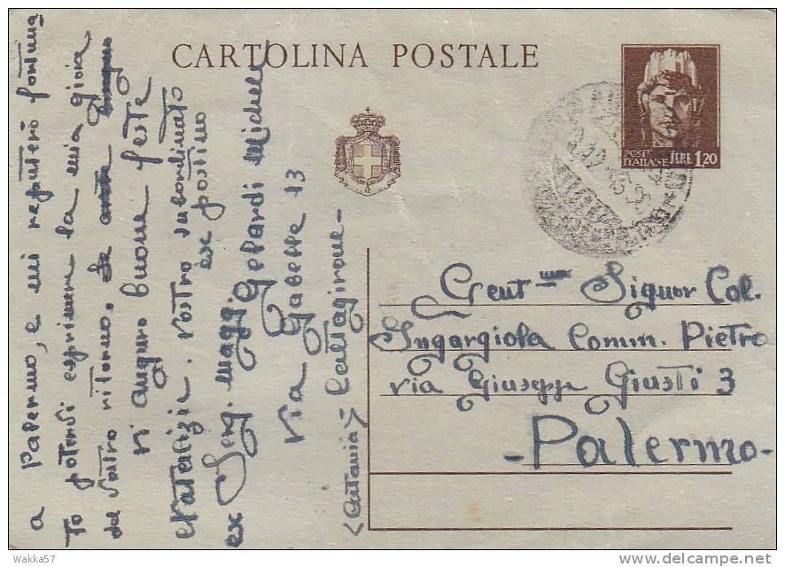 W15- Intero Postale Luogotenenza Agrigento/Palermo 19/12/1945 - Autres & Non Classés
