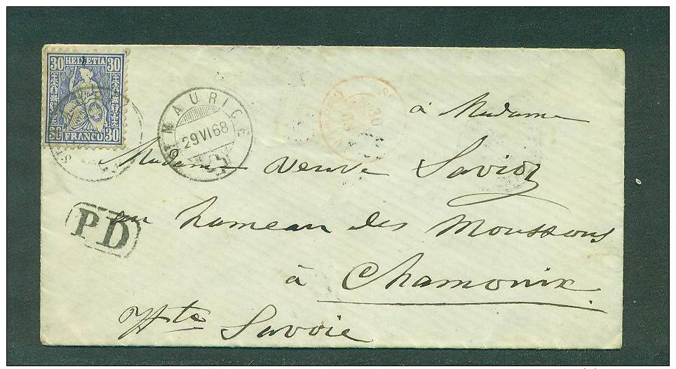 N°46 Sur Lettre Oblitéré St Maurice 29.6.1868, Arrivée Chamonix - Covers & Documents