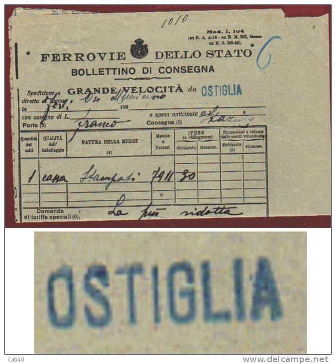 1920 FERROVIE DELLO STATO BOLLETTINO DI CONSEGNA :OSTIGLIA LINEARE VERDE ... - Documentos Históricos