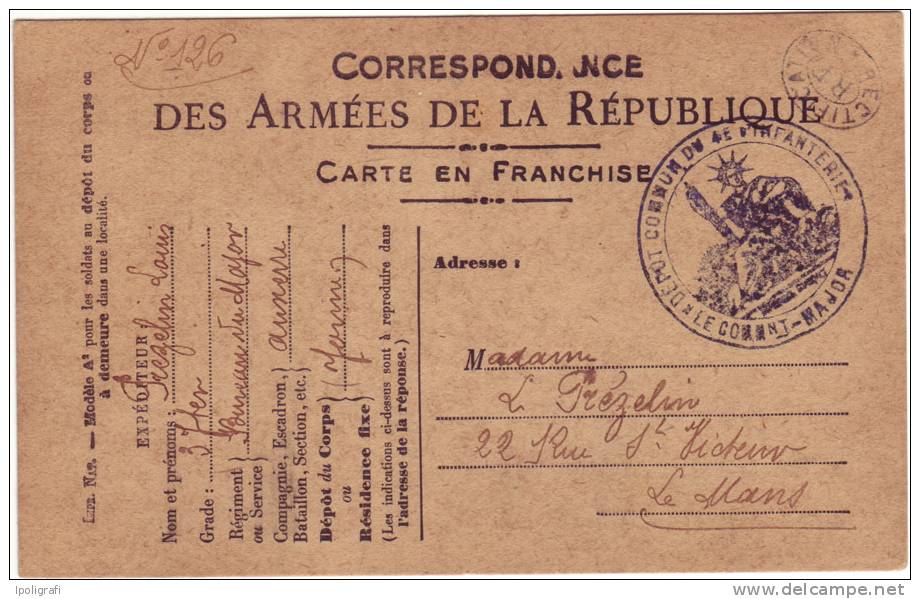 1916 - France, Correspondance Des Armées De La République, Le Coomandant-Major, Dépot Commun Du 4e Infanterie Auxerre - 1. Weltkrieg