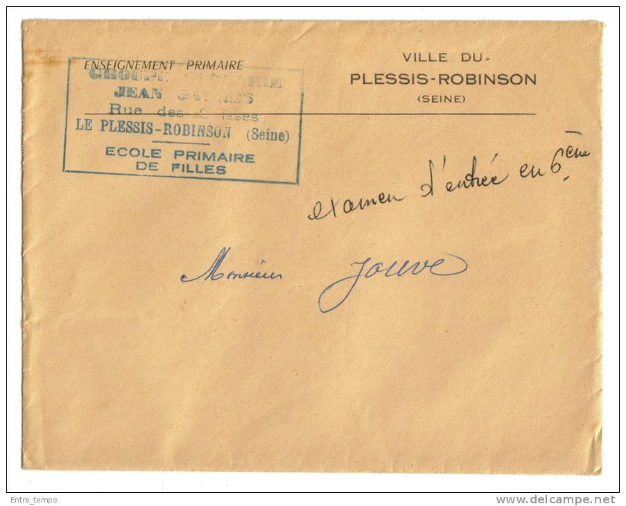 Sur Lettre Cachet Plessis -Robinson Ecole Primaire De Filles - Collections