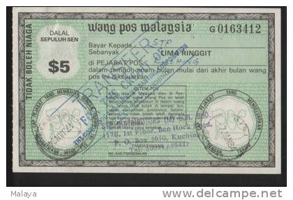 MALAYSIA 1984 POSTAL ORDER $5 USED AND PAID IN SARAWAK - Malaysie
