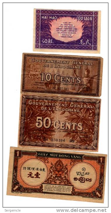 Série De 4 Billets Gouvernement General D'Indochine  10,20 Et 50 Cents  ET 1 Piastre Banque De L'Indochine - Indochine